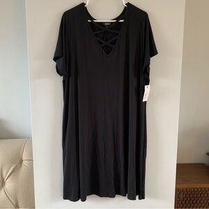 Black Crisscross V Neck Dress Short Sleeve Knee Length a.n.a. Womens Size 1X